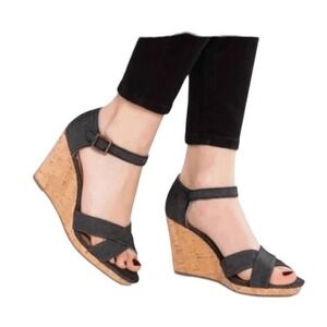 TOMS Sierra Strappy Espadrille Sandals Black Canvas Cork Bottom Wedge 10